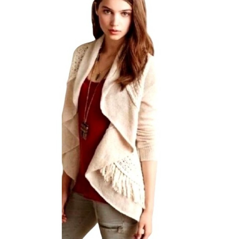 ANTHROPOLOGIE Knitted and Knotted Pink/Mauve Fringe Circle Open Front Cardigan S